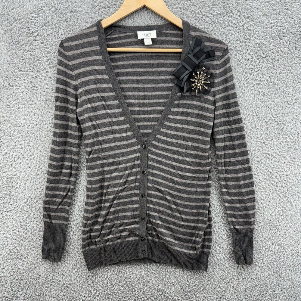 Ann Taylor Loft Striped Knit Cardigan Wool Blend Beaded Bow Buttons XS Petite‎